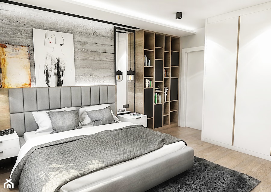 Projekt mieszkania - Gdańsk 2019 r. - Średnia biała szara sypialnia, styl nowoczesny - zdjęcie od BIBI Designe