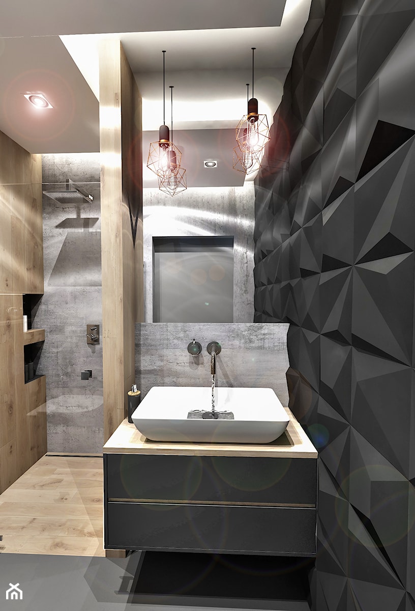 Projekt Mieszkania W-wa 2019 - Mała bez okna z lustrem z punktowym oświetleniem łazienka - zdjęcie od BIBI Designe