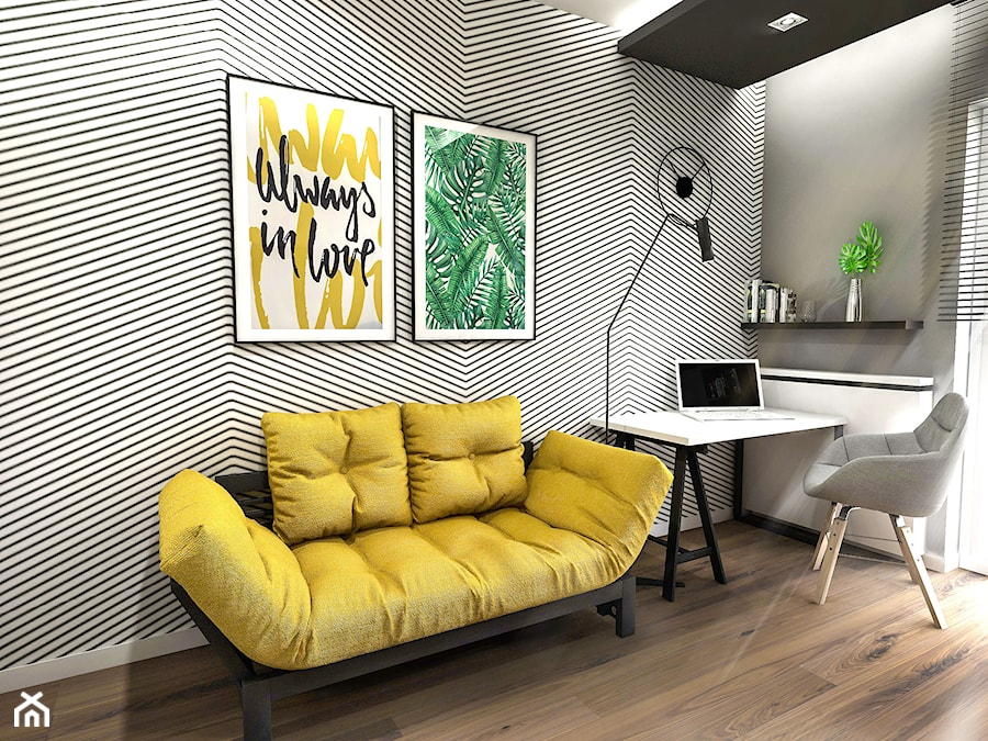 PROJEKT MIESZKANIA - LDZ 2018 - Średnie w osobnym pomieszczeniu z sofą szare biuro - zdjęcie od BIBI Designe