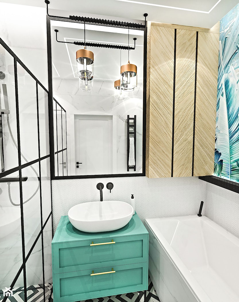 PROJEKT ŁAZIENKI - 6m2 - Średnia bez okna z lustrem ze szkłem na ścianie z punktowym oświetleniem łazienka, styl glamour - zdjęcie od BIBI Designe - Homebook