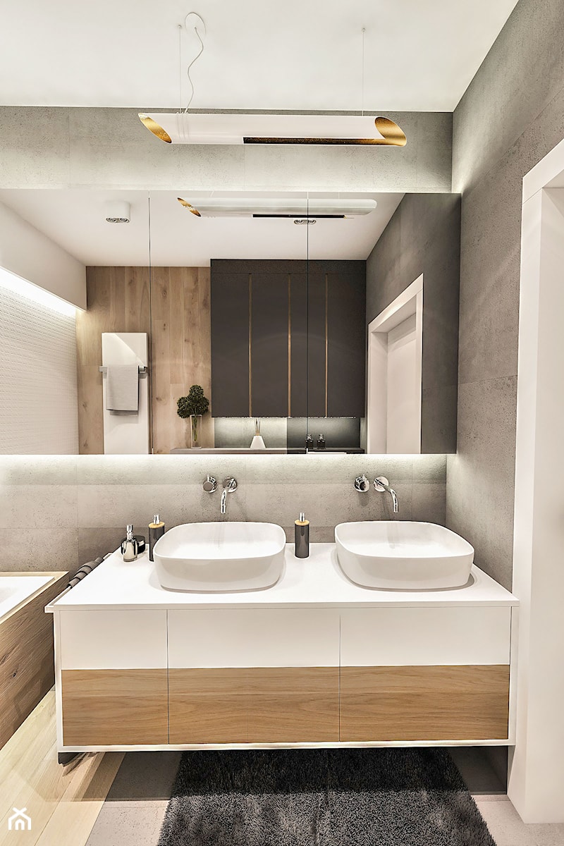 Projekt Mieszkania W-wa 2019 - Bez okna z lustrem z dwoma umywalkami łazienka - zdjęcie od BIBI Designe
