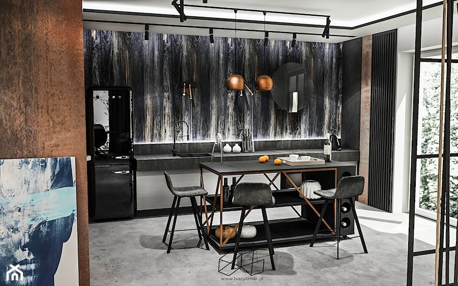 PROJEKT DOMU -PABIANICE 2018 - Średnia otwarta z kamiennym blatem czarna szara z zabudowaną lodówką z podblatowym zlewozmywakiem kuchnia jednorzędowa z wyspą lub półwyspem z oknem, styl industrialny - zdjęcie od BIBI Designe