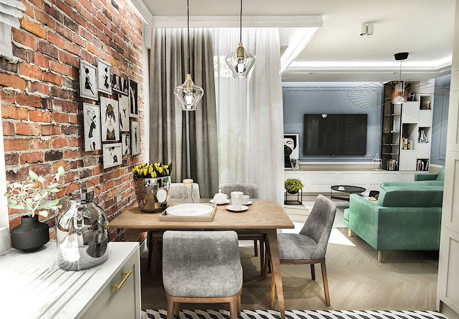 PROJEKT MIESZKANIA - WAWA-SŁUŻEW 2018 - Średnia biała brązowa jadalnia w salonie w kuchni, styl tradycyjny - zdjęcie od BIBI Designe