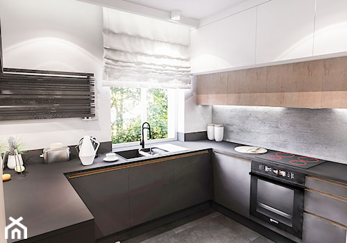 Projekt mieszkania 70m2- Wawa 2017 - Średnia z salonem biała szara z zabudowaną lodówką z podblatowym zlewozmywakiem kuchnia w kształcie litery u z oknem, styl nowoczesny - zdjęcie od BIBI Designe