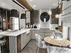 Projekt kuchni do domu jednorodzinnego - Średnia z salonem brązowa szara z zabudowaną lodówką z nablatowym zlewozmywakiem kuchnia w kształcie litery l z wyspą lub półwyspem z oknem, styl nowoczesny - zdjęcie od BIBI Designe
