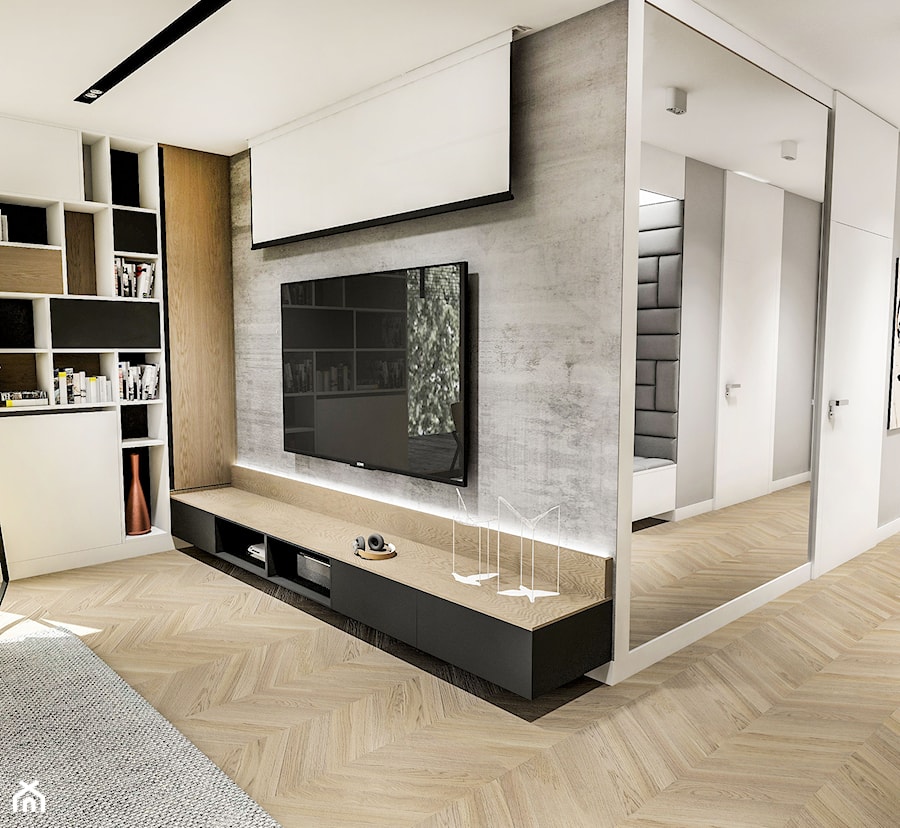 Projekt Mieszkania W-wa 2019 - Biały salon z bibiloteczką - zdjęcie od BIBI Designe