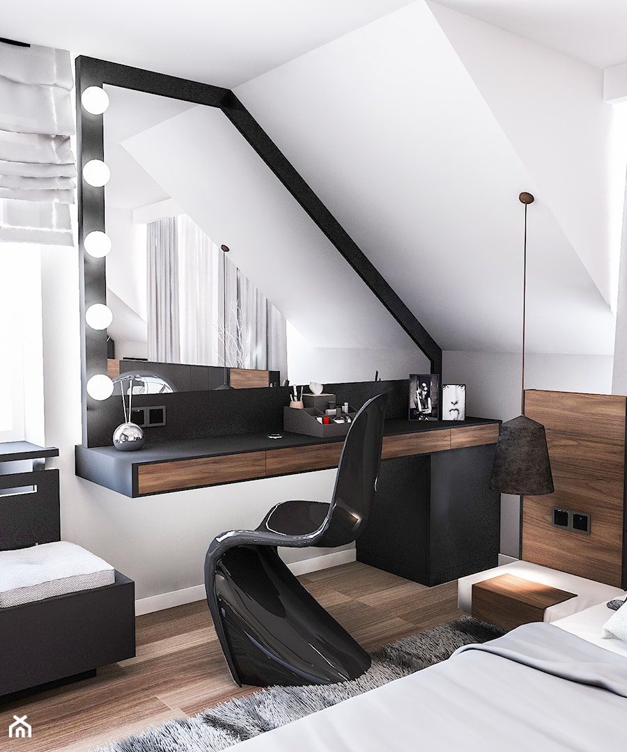 PROJEKT SYPIALNI NA PODDASZU - Mała biała czarna sypialnia na poddaszu, styl nowoczesny - zdjęcie od BIBI Designe