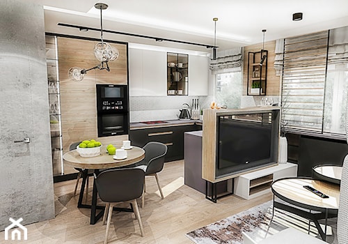 Projekt mieszkania - Gdańsk 2019 r. - Mała otwarta z salonem z zabudowaną lodówką kuchnia w kształcie litery u z oknem, styl nowoczesny - zdjęcie od BIBI Designe