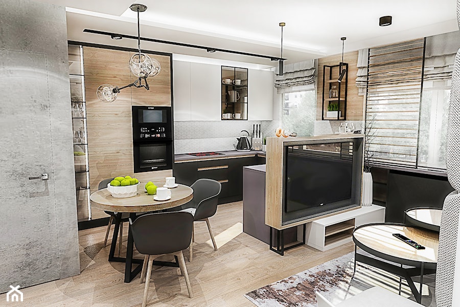 Projekt mieszkania - Gdańsk 2019 r. - Mała otwarta z salonem z zabudowaną lodówką kuchnia w kształcie litery u z oknem, styl nowoczesny - zdjęcie od BIBI Designe