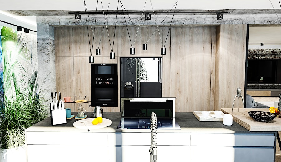 PROJEKT DOMU -POZNAŃ 2019 - Średnia otwarta z kamiennym blatem szara z zabudowaną lodówką z lodówką wolnostojącą kuchnia dwurzędowa z wyspą lub półwyspem z oknem, styl nowoczesny - zdjęcie od BIBI Designe