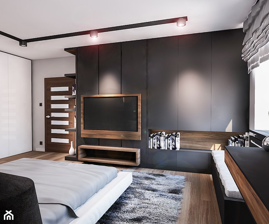 PROJEKT SYPIALNI NA PODDASZU - Średnia czarna szara sypialnia, styl nowoczesny - zdjęcie od BIBI Designe
