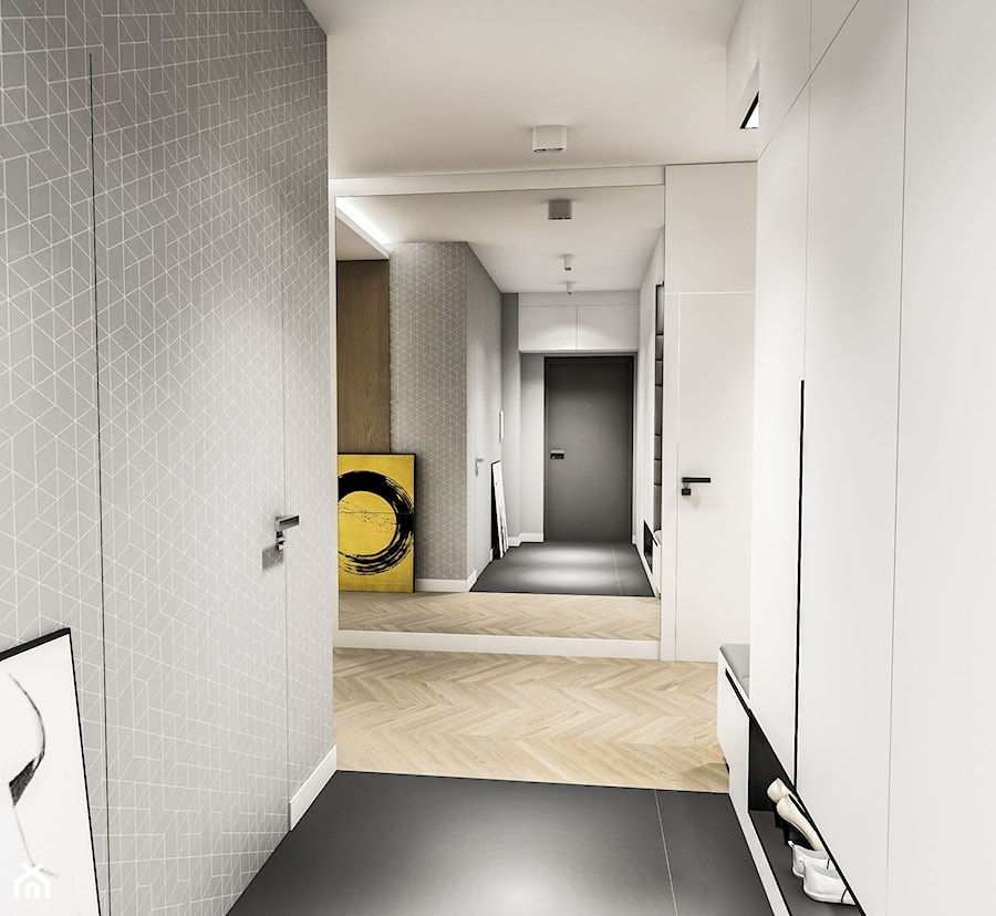 Projekt Mieszkania W-wa 2019 - Duży biały szary hol / przedpokój - zdjęcie od BIBI Designe