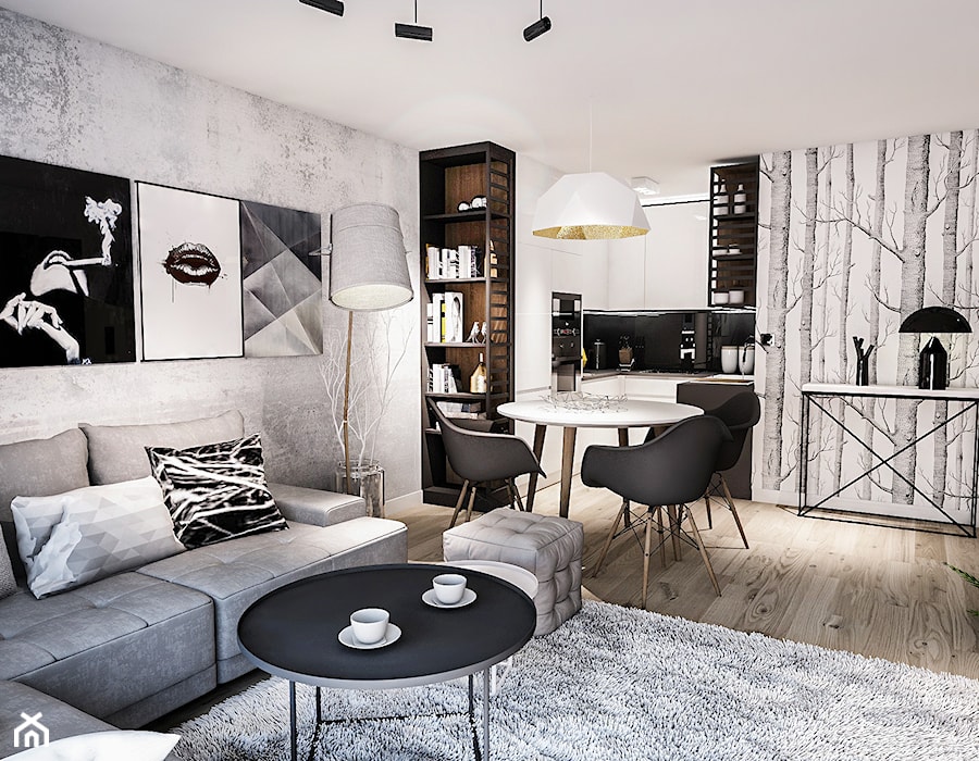 Projekt mieszkania - Austria 2017 - Średni biały szary salon z kuchnią z jadalnią z bibiloteczką - zdjęcie od BIBI Designe