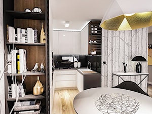 Projekt mieszkania - Austria 2017 - Mała otwarta z kamiennym blatem czarna szara z zabudowaną lodówką z nablatowym zlewozmywakiem kuchnia w kształcie litery u - zdjęcie od BIBI Designe