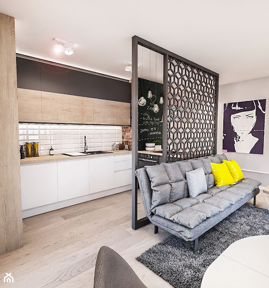 Projekt mieszkania 60 m2 w Gdańsku - Średnia otwarta z salonem biała czarna z zabudowaną lodówką z nablatowym zlewozmywakiem kuchnia w kształcie litery l - zdjęcie od BIBI Designe