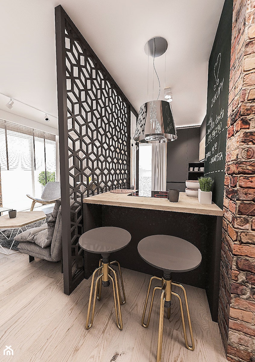 Projekt mieszkania 60 m2 w Gdańsku - Z salonem czarna z zabudowaną lodówką kuchnia - zdjęcie od BIBI Designe