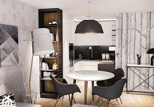 Projekt mieszkania - Austria 2017 - Mała otwarta z salonem z kamiennym blatem szara z zabudowaną lodówką z nablatowym zlewozmywakiem kuchnia w kształcie litery u z oknem - zdjęcie od BIBI Designe