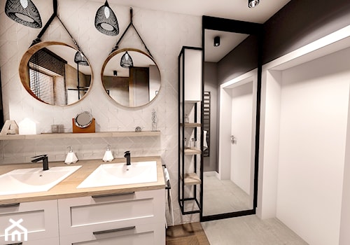 PROJEKT WNĘTRZA DOMU -ŁÓDŹ 2019 - Średnia bez okna z lustrem z dwoma umywalkami z punktowym oświetleniem łazienka - zdjęcie od BIBI Designe