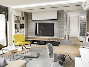 Projekt Mieszkania W-wa 2019 - Duży biały szary salon z kuchnią z jadalnią z tarasem / balkonem z bi ... - zdjęcie od BIBI