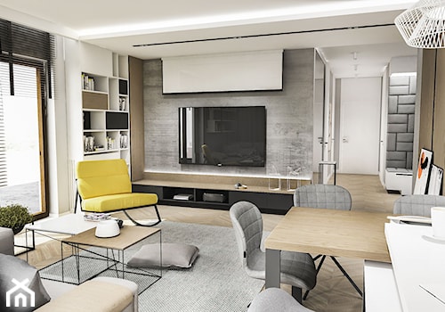 Projekt Mieszkania W-wa 2019 - Duży biały szary salon z kuchnią z jadalnią z tarasem / balkonem z bibiloteczką - zdjęcie od BIBI Designe