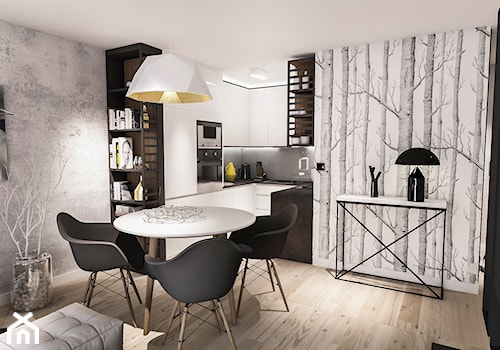 Projekt mieszkania - Austria 2017 - Mała otwarta z salonem z kamiennym blatem szara z zabudowaną lodówką kuchnia w kształcie litery u - zdjęcie od BIBI Designe