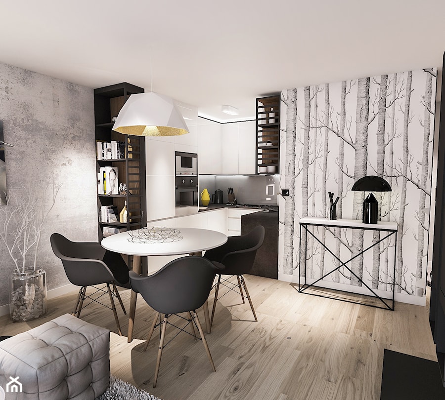 Projekt mieszkania - Austria 2017 - Mała otwarta z salonem z kamiennym blatem szara z zabudowaną lodówką kuchnia w kształcie litery u - zdjęcie od BIBI Designe
