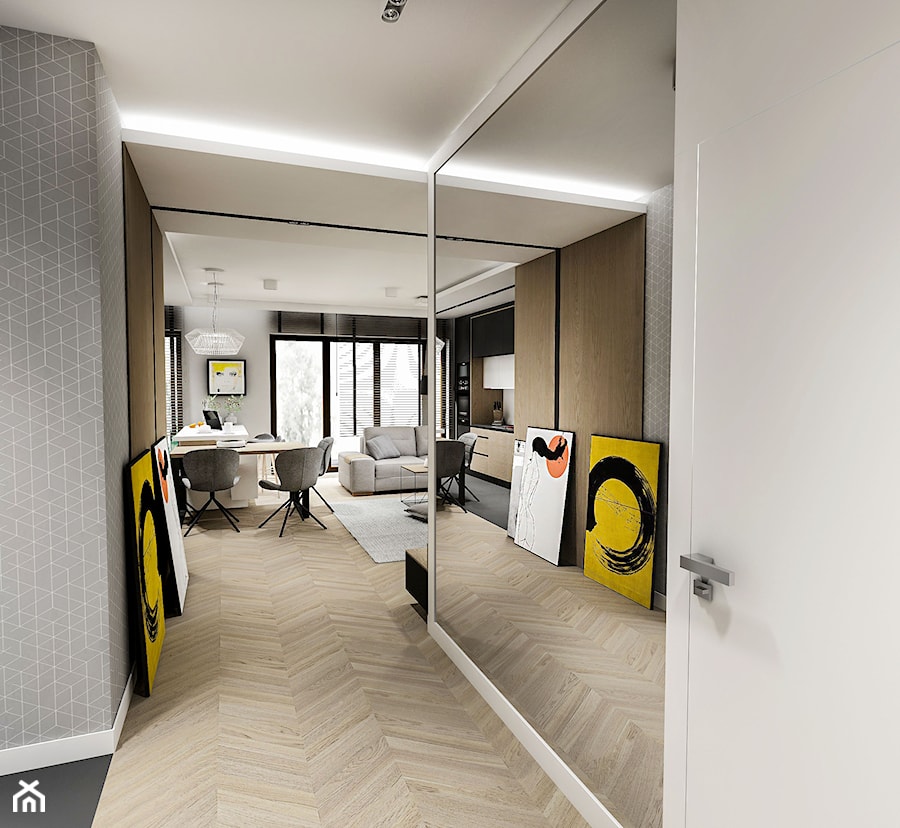 Projekt Mieszkania W-wa 2019 - Duży szary hol / przedpokój - zdjęcie od BIBI Designe