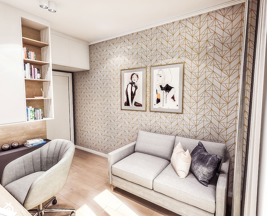 PROJEKT MIESZKANIA / Wersja ciemna - ŁÓDŹ 2019 - Średnie w osobnym pomieszczeniu z sofą białe pomarańczowe biuro, styl vintage - zdjęcie od BIBI Designe