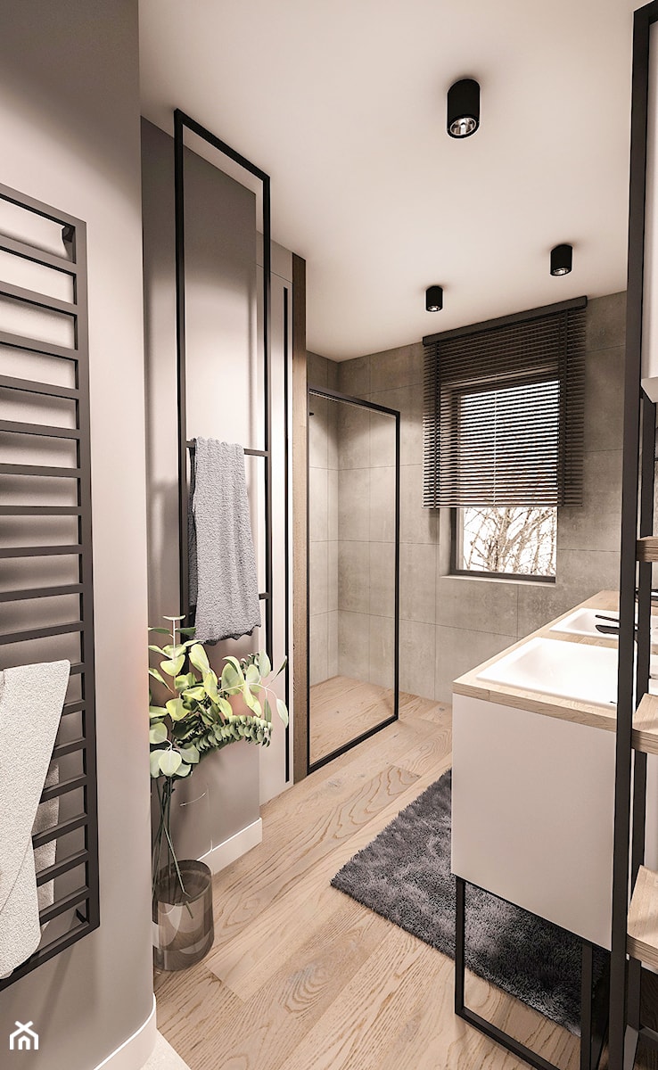 PROJEKT WNĘTRZA DOMU -ŁÓDŹ 2019 - Średnia z dwoma umywalkami z punktowym oświetleniem łazienka z oknem - zdjęcie od BIBI Designe