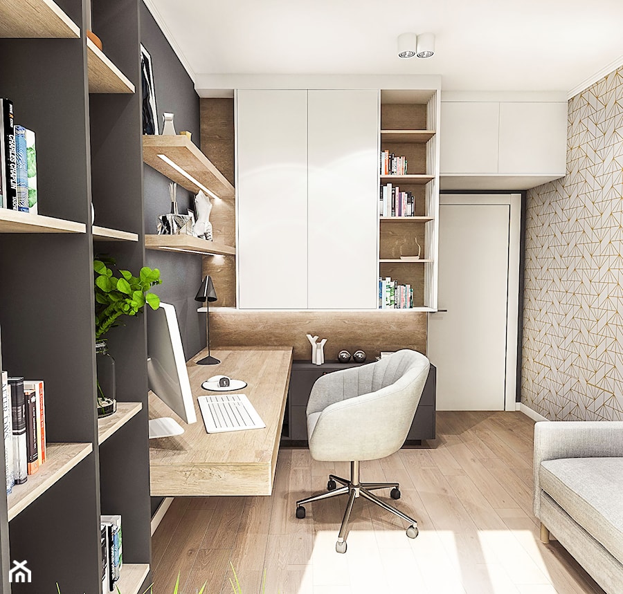 PROJEKT MIESZKANIA / Wersja ciemna - ŁÓDŹ 2019 - Małe z sofą z zabudowanym biurkiem beżowe białe szare biuro, styl vintage - zdjęcie od BIBI Designe