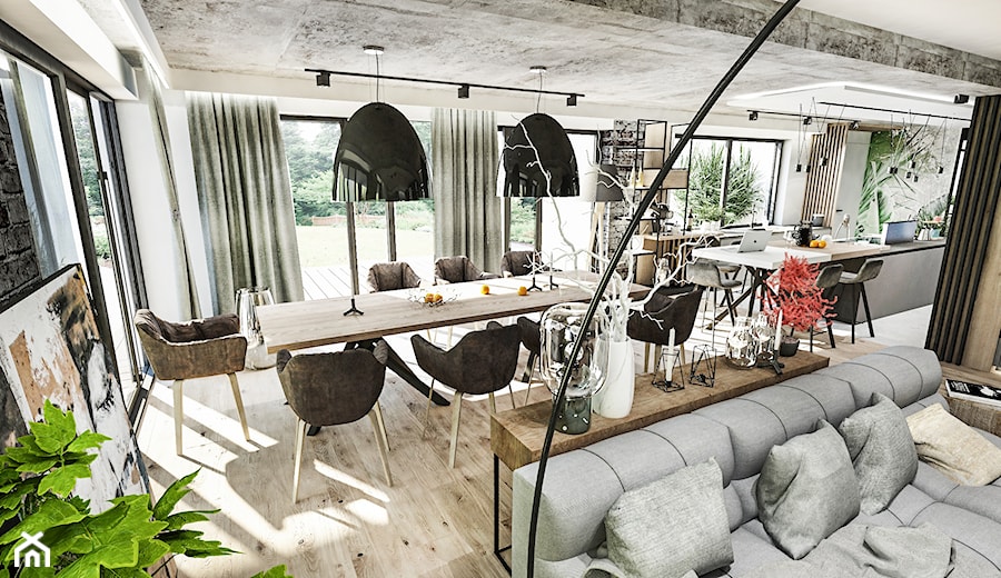 PROJEKT DOMU -POZNAŃ 2019 - Duża szara jadalnia w salonie, styl industrialny - zdjęcie od BIBI Designe