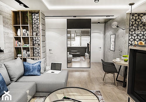 Projekt mieszkania - Gdańsk 2019 r. - Średni biały salon z jadalnią z bibiloteczką, styl nowoczesny - zdjęcie od BIBI Designe