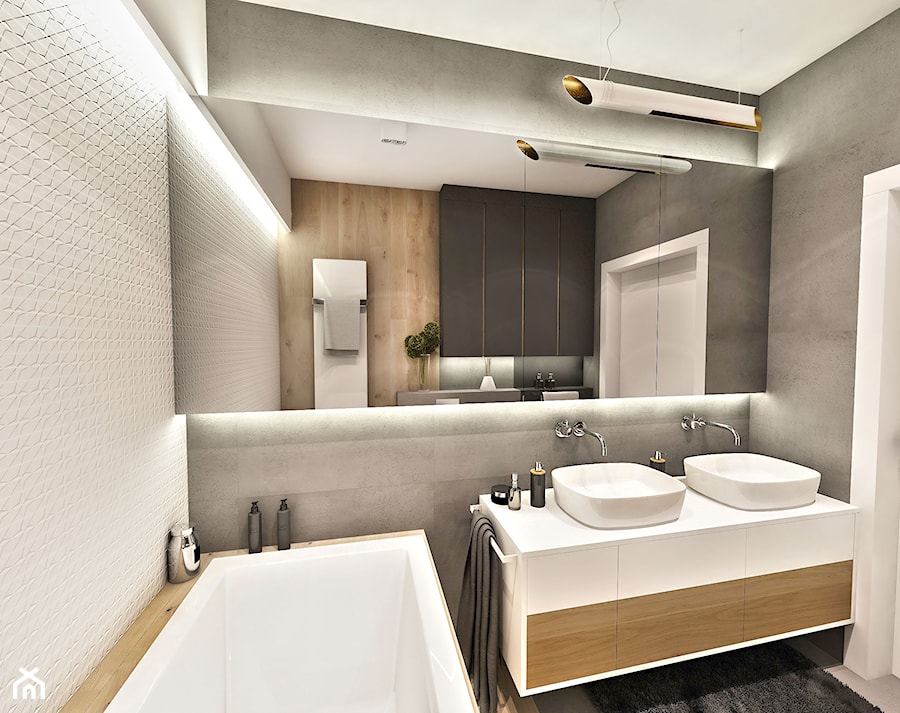 Projekt Mieszkania W-wa 2019 - Średnia bez okna z lustrem z dwoma umywalkami z punktowym oświetleniem łazienka - zdjęcie od BIBI Designe