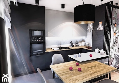 PROJEKT MIESZKANIA - ŁÓDZ 2018 - Mała z salonem biała czarna z zabudowaną lodówką z podblatowym zlewozmywakiem kuchnia w kształcie litery l - zdjęcie od BIBI Designe