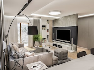Projekt mieszkania W Warszawie 80 m2 - Średni biały salon z jadalnią z tarasem / balkonem z bibilote ... - zdjęcie od BIBI