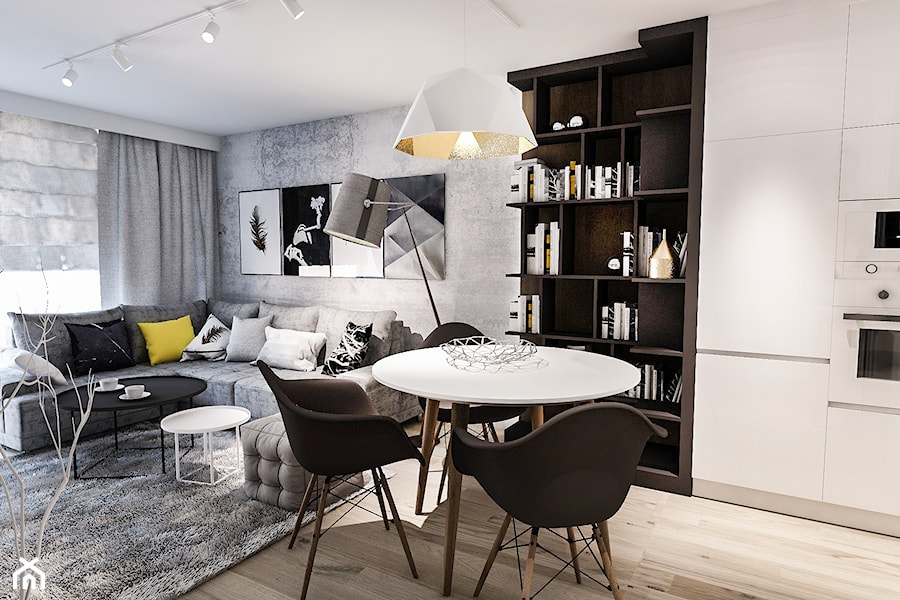 Projekt mieszkania - Austria 2017 - Średni salon z kuchnią z jadalnią z bibiloteczką - zdjęcie od BIBI Designe