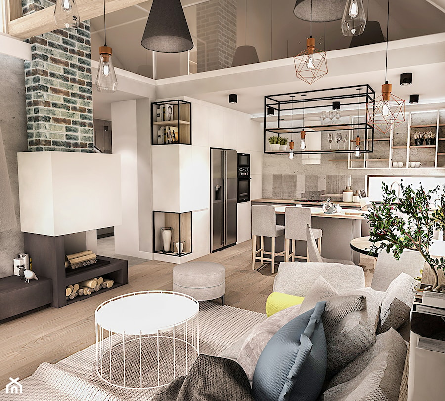 PROJEKT WNĘTRZA DOMU -ŁÓDŹ 2019 - Średni biały salon z kuchnią z jadalnią - zdjęcie od BIBI Designe