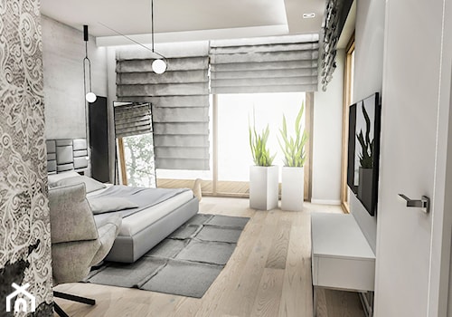 PROJEKT SYPIALNI 112018 - Średnia biała szara sypialnia z balkonem / tarasem, styl glamour - zdjęcie od BIBI Designe