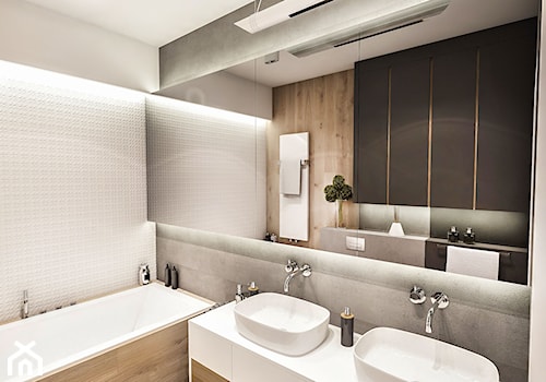 Projekt Mieszkania W-wa 2019 - Średnia bez okna z lustrem z dwoma umywalkami z marmurową podłogą z punktowym oświetleniem łazienka - zdjęcie od BIBI Designe