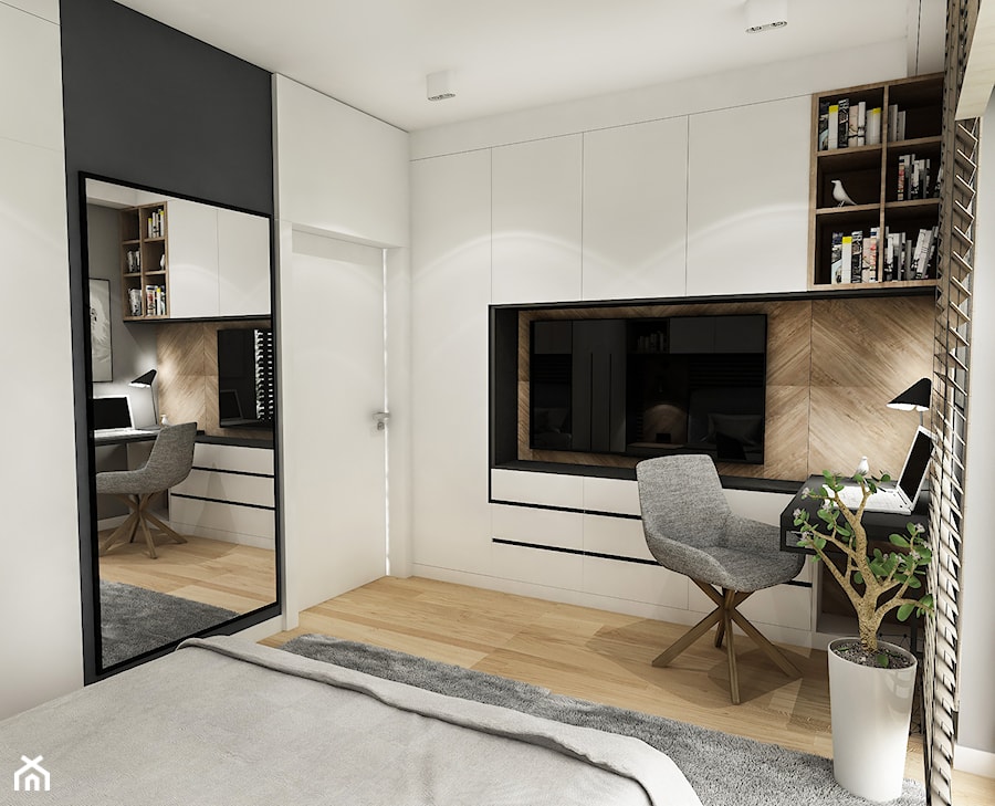 Projekt Mieszkania W-wa 2019 - Średnia biała czarna z biurkiem sypialnia - zdjęcie od BIBI Designe