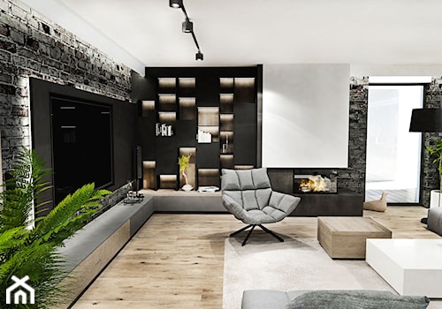 PROJEKT DOMU -POZNAŃ 2019 - Duży biały czarny salon z bibiloteczką, styl nowoczesny - zdjęcie od BIBI Designe