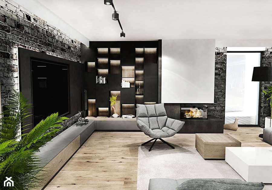 PROJEKT DOMU -POZNAŃ 2019 - Duży biały czarny salon z bibiloteczką, styl nowoczesny - zdjęcie od BIBI Designe