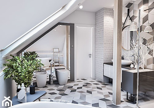 Łazienka na poddaszu ,śląsk - Średnia na poddaszu z lustrem łazienka z oknem, styl skandynawski - zdjęcie od BIBI Designe