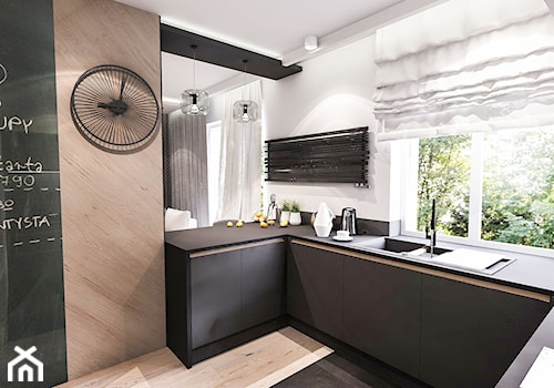 Projekt mieszkania 70m2- Wawa 2017 - Średnia otwarta beżowa biała czarna z zabudowaną lodówką z podblatowym zlewozmywakiem kuchnia w kształcie litery u z wyspą lub półwyspem z oknem, styl nowoczesny - zdjęcie od BIBI Designe