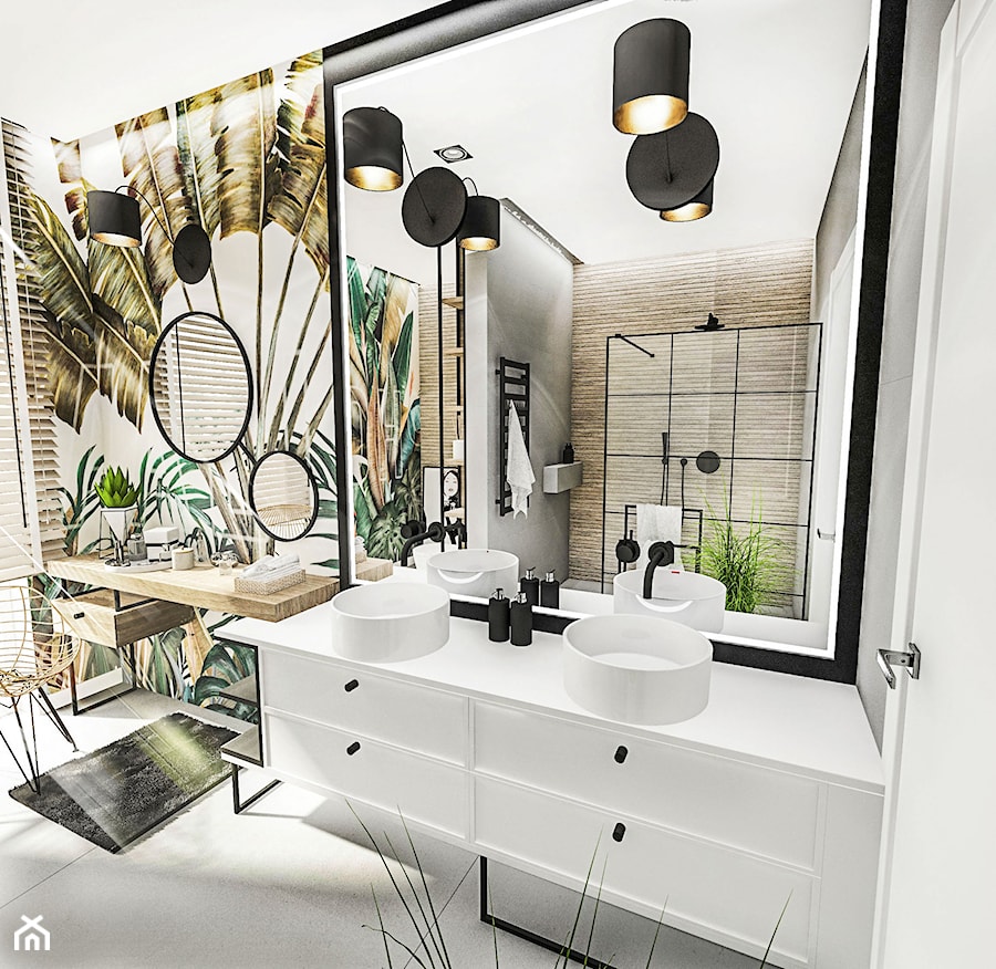 PROJEKT ŁAZIENKI - ZIELONA 2019 - Średnia bez okna z lustrem z dwoma umywalkami z punktowym oświetleniem łazienka, styl nowoczesny - zdjęcie od BIBI Designe