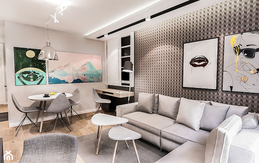 Projekt mieszkania 70m2- Wawa 2017 - Średni biały salon z jadalnią, styl nowoczesny - zdjęcie od BIBI Designe