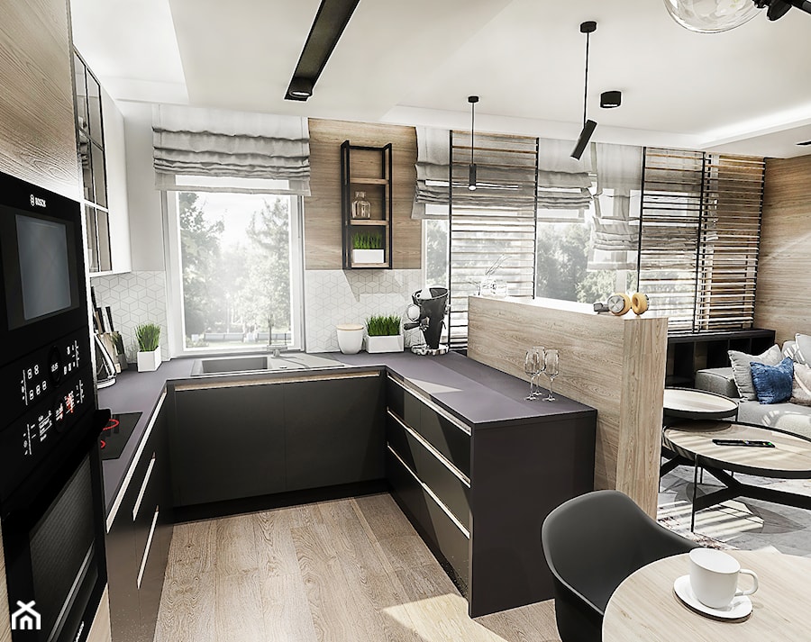 Projekt mieszkania - Gdańsk 2019 r. - Średnia otwarta z salonem szara z zabudowaną lodówką z podblatowym zlewozmywakiem kuchnia w kształcie litery u z oknem, styl nowoczesny - zdjęcie od BIBI Designe