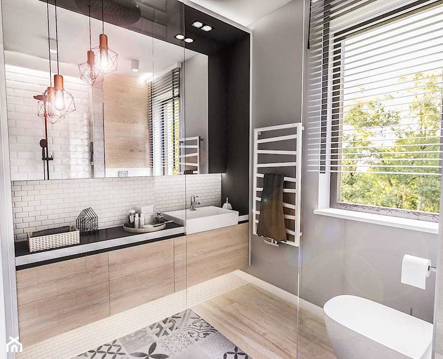 PROJEKT MIESZKANIA - LDZ 2017 - Średnia z lustrem z marmurową podłogą z punktowym oświetleniem łazienka z oknem, styl skandynawski - zdjęcie od BIBI Designe