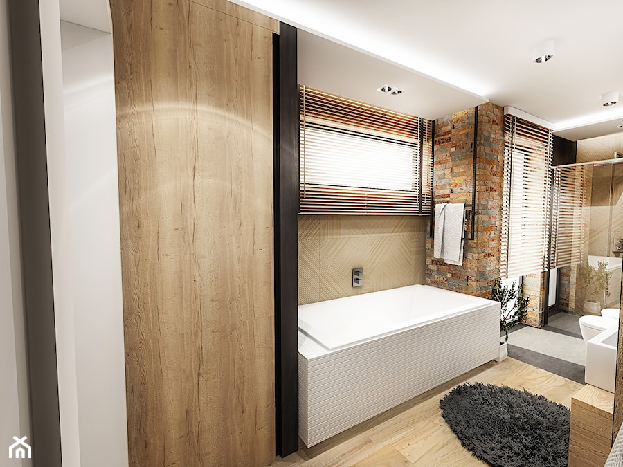 PROJEKT ŁAZIENKI - Tyrol 2018 - Średnia z marmurową podłogą z punktowym oświetleniem łazienka z oknem, styl skandynawski - zdjęcie od BIBI Designe
