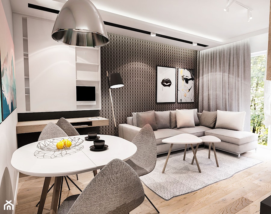 Projekt mieszkania 70m2- Wawa 2017 - Średni biały salon z jadalnią, styl nowoczesny - zdjęcie od BIBI Designe
